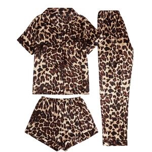 Leopard Soft Satin 3-Piece Pajama Set XL Short Sleeve Top Shorts Pants Tan Brown
